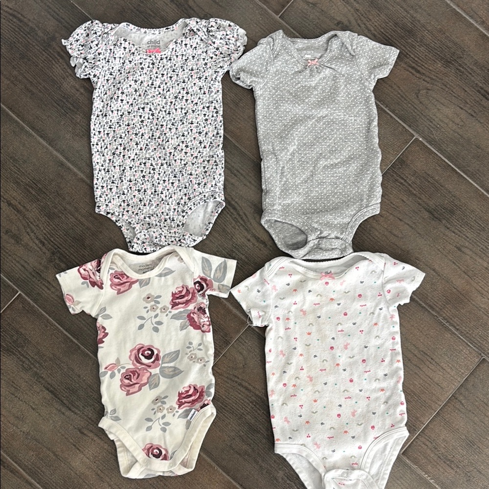 Set of Four Baby Onesies for Baby Girl. Size 6-12M